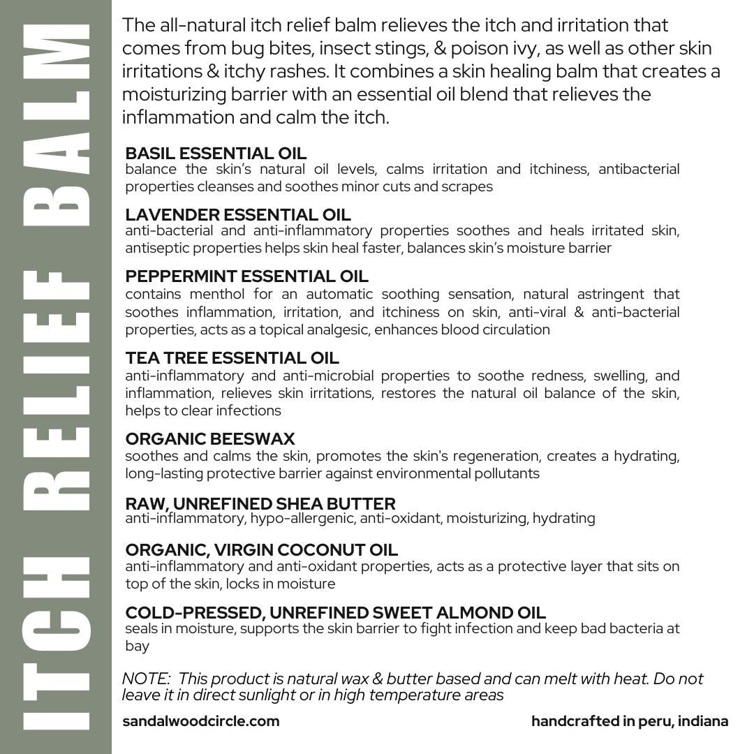 ingredient benefits of All Natural soothing outdoor Balm with ingredients listed and instructions for use.